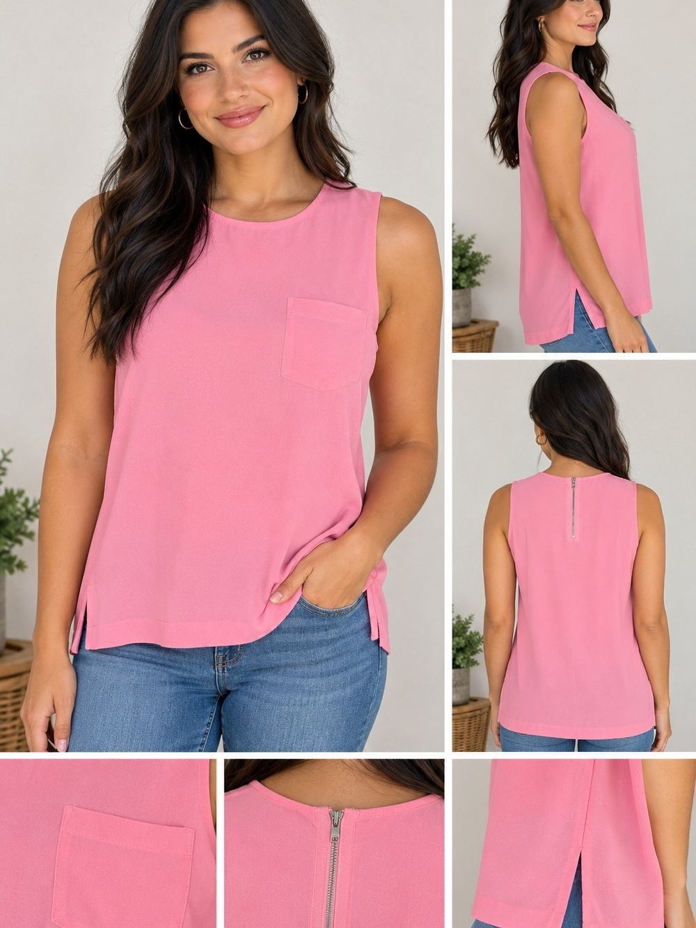 J. Crew Neon Pink Sleeveless Pocket Blouse Exposed Zipper Shell - Size 4